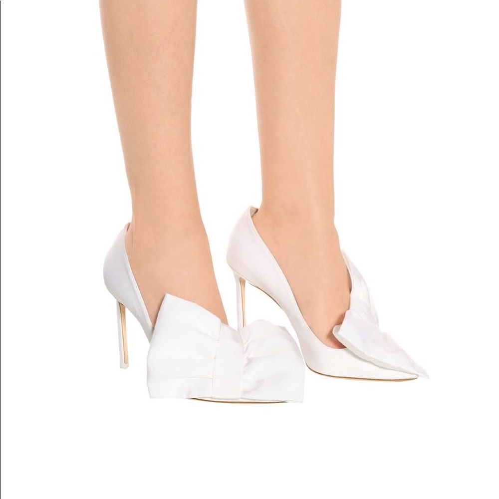 Jimmy Choo White Satin Bow Pointed-Toe Stilettos